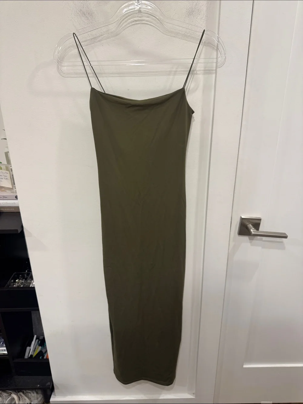 Zara Olive Slip Midi Dress with Spaghetti Straps